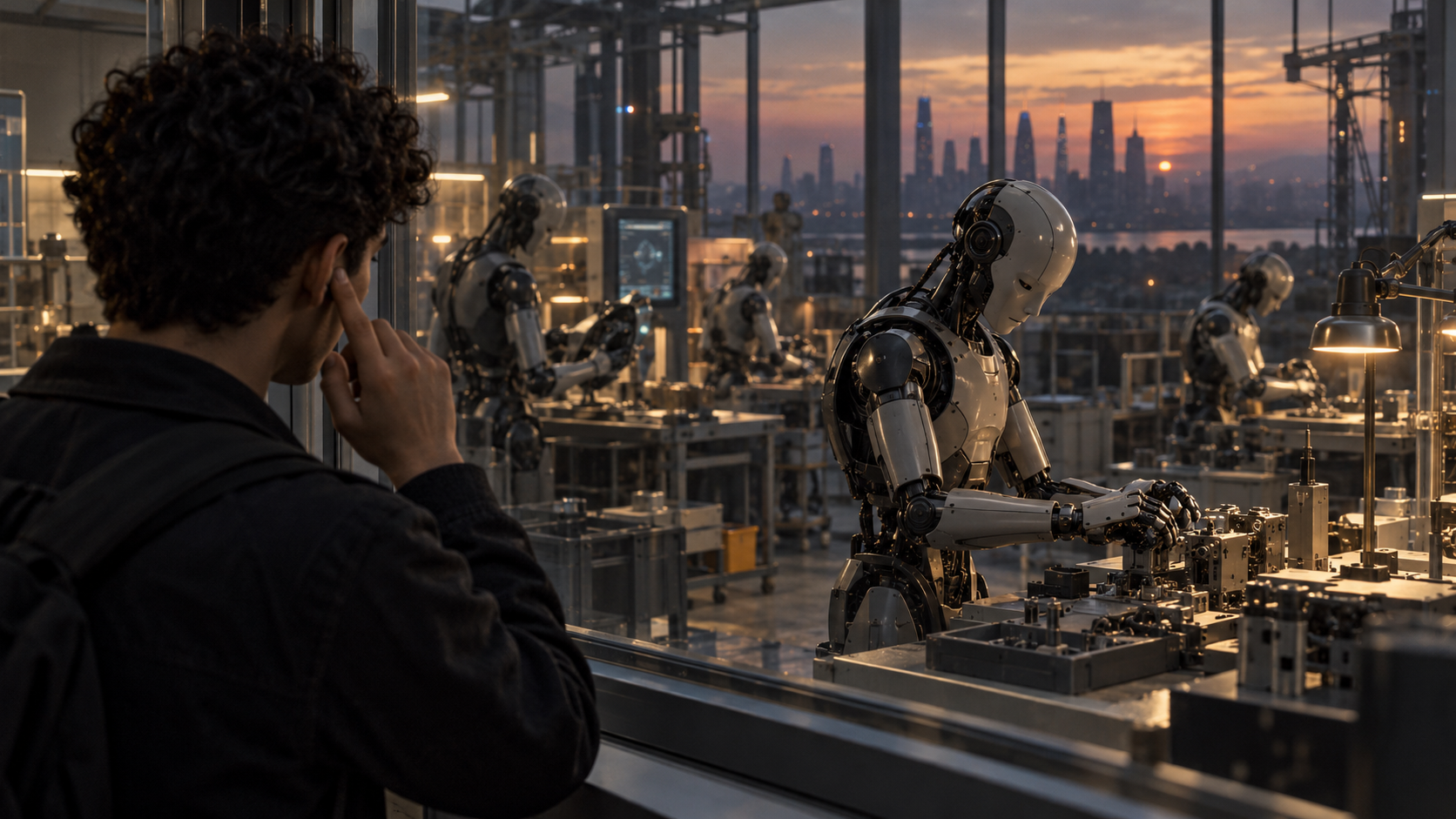 Scène fictive de Noa observant des robots humanoïdes au travail dans un atelier industriel éclairé de lumières ambrées.