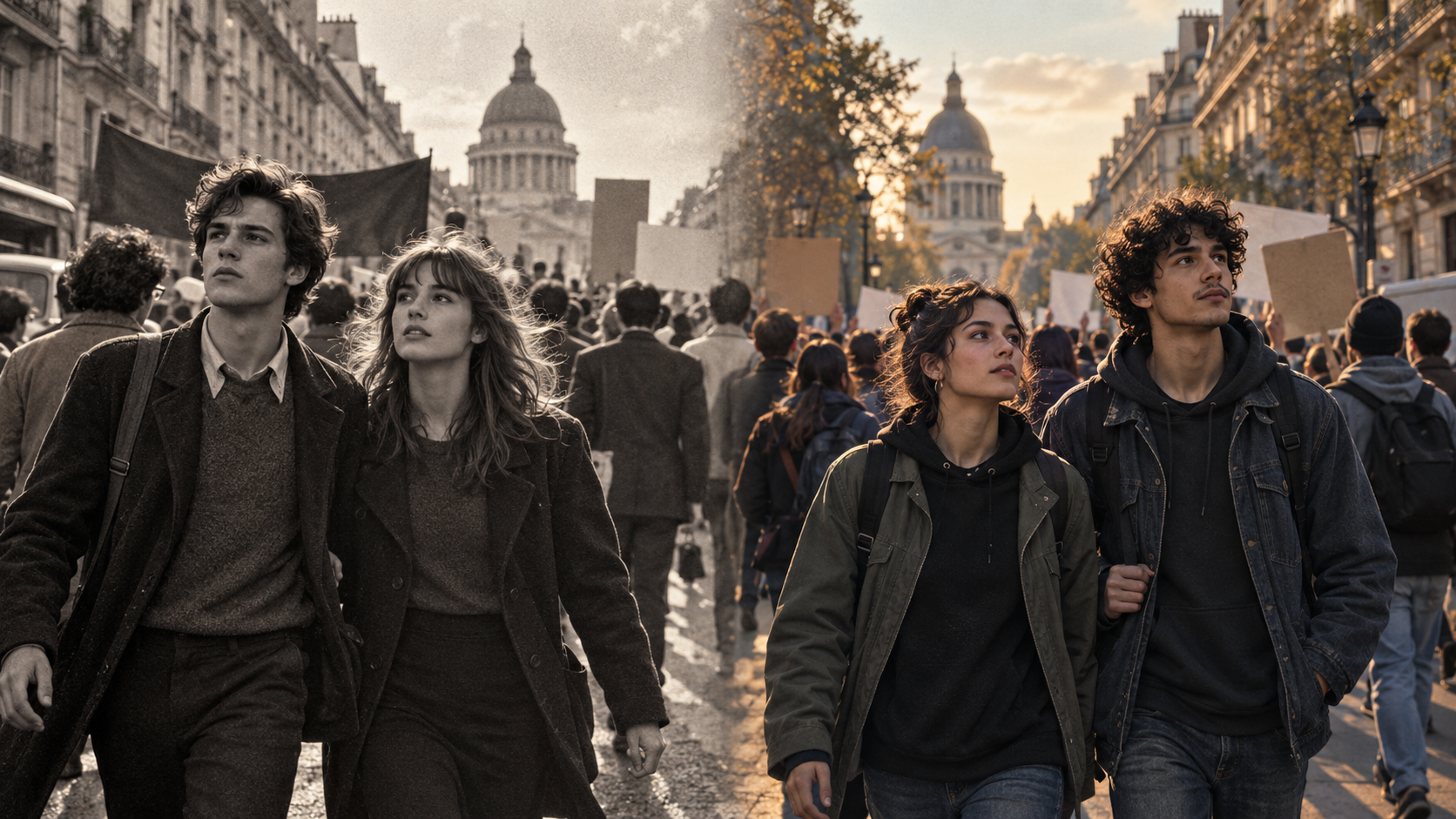 Illustration imaginée de jeunes manifestants dans une rue parisienne, mettant en regard 1968 et 2026.