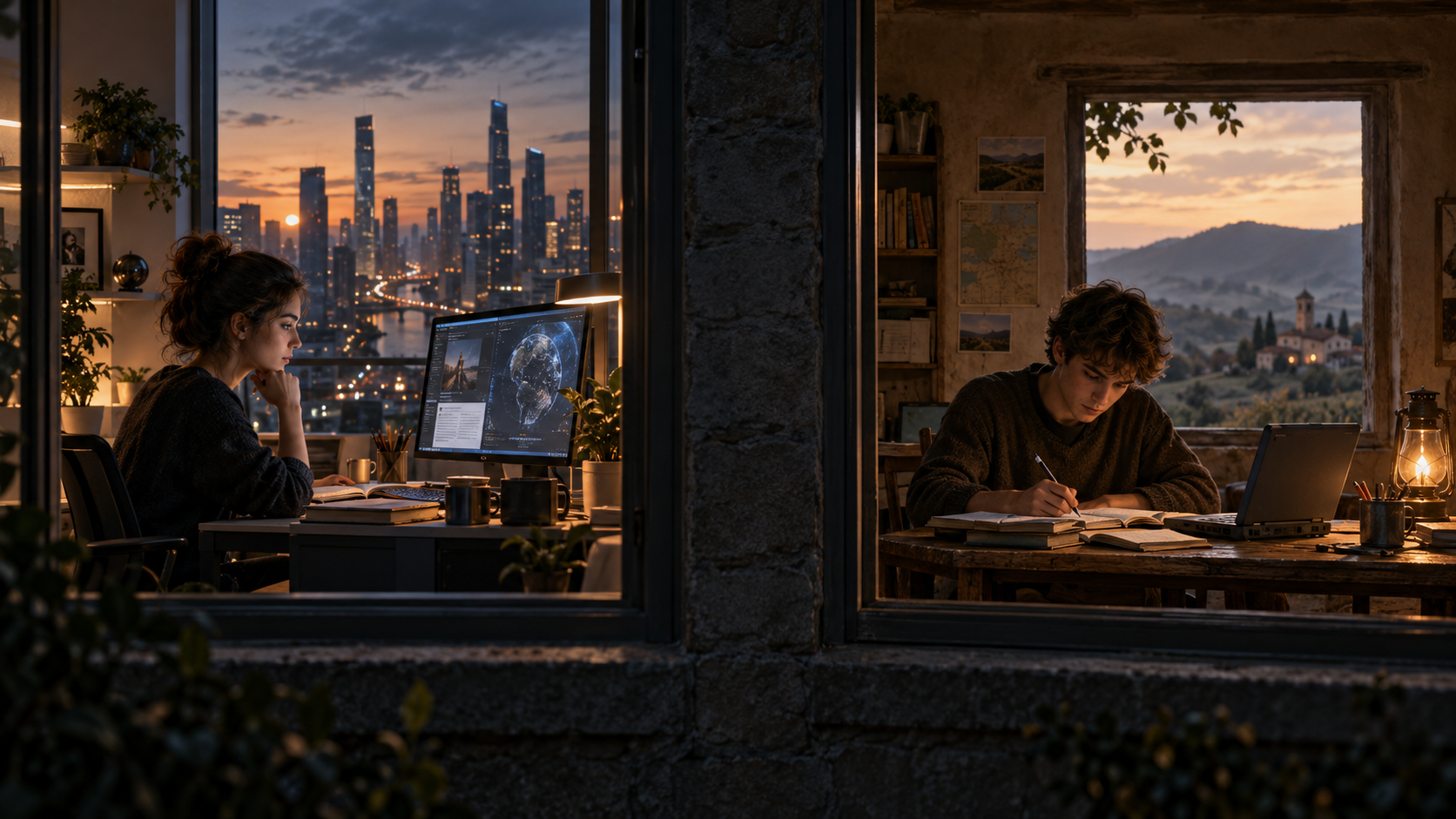 Illustration fictive de deux jeunes étudiant dans des espaces voisins : une jeune femme avec des outils numériques avancés en ville, un jeune homme avec des notes et un ordinateur plus ancien en milieu rural.