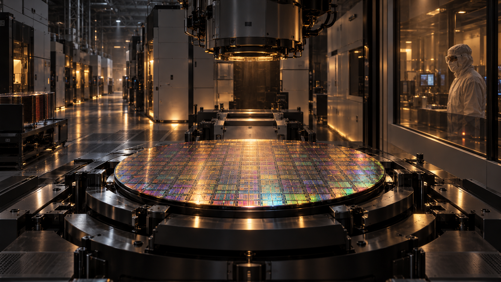 Illustration fictive d’une tranche de silicium sur une machine de fabrication dans une salle blanche sombre, sous la surveillance d’un technicien, avec des lumières ambrées.