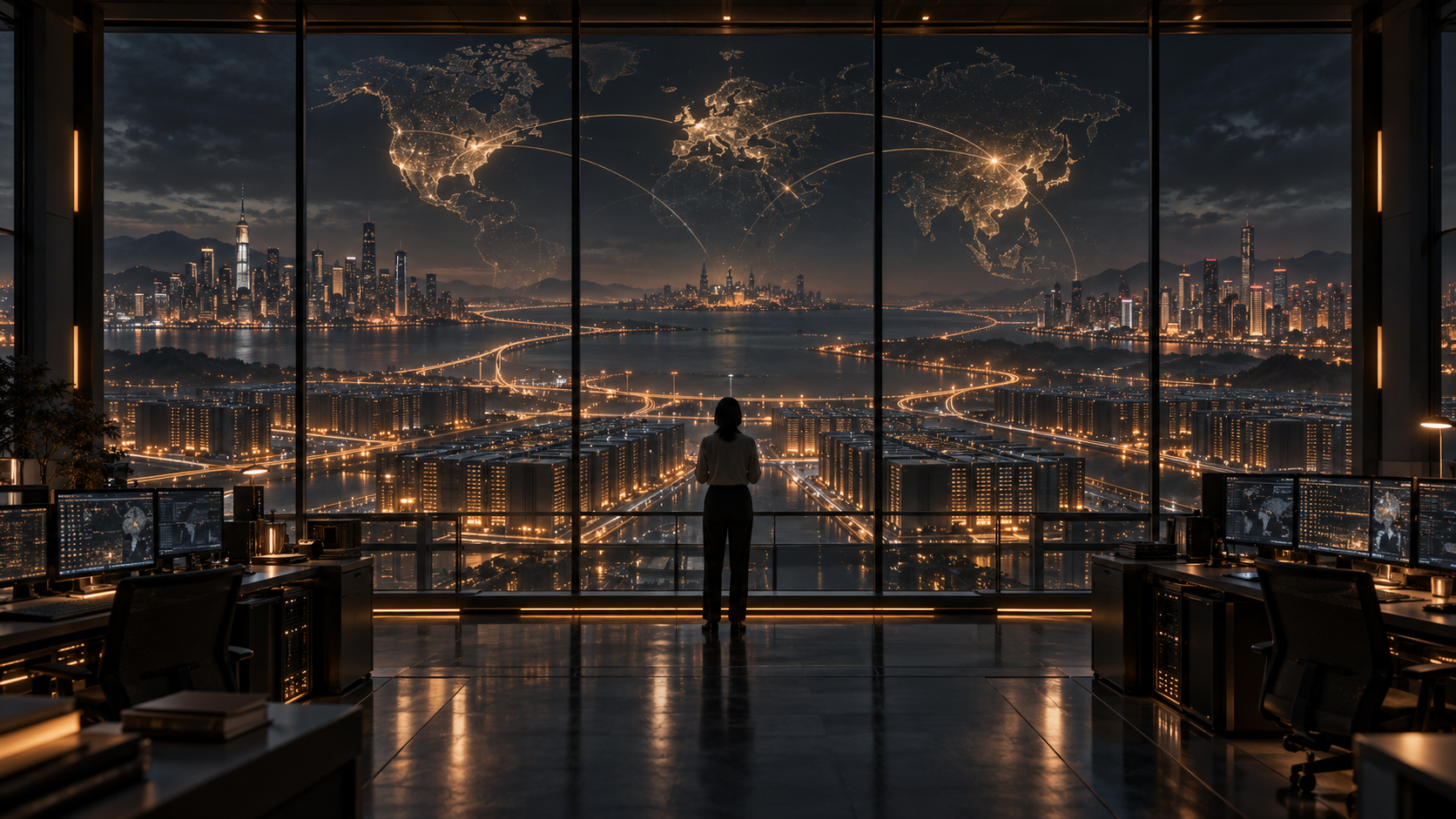 Illustration fictive d’une chercheuse devant une carte mondiale et des infrastructures informatiques nocturnes, éclairées de lumières ambrées.